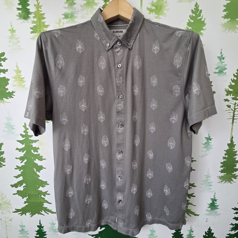 Linksoul Gray Leaf Pattern Men's Button Down Shirt